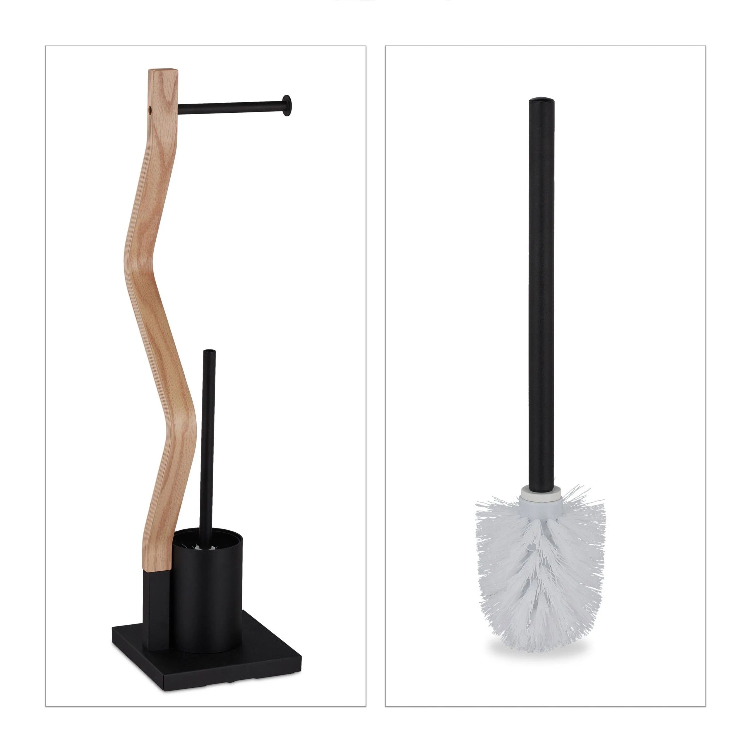 Relaxdays WC Garnitur Stahl MDF Schwarz Natur Freistehend 75 cm x 18,5 cm x 18,5 cm 2,1 kg