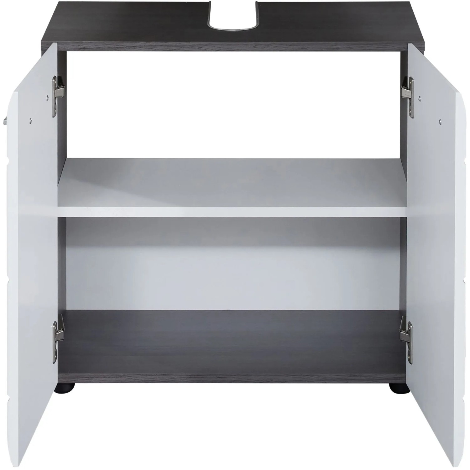 Trendteam Waschbeckenunterschrank LineSkinBD, weiß, 60 cm breit, mit offenen Türen und Einlegeboden.