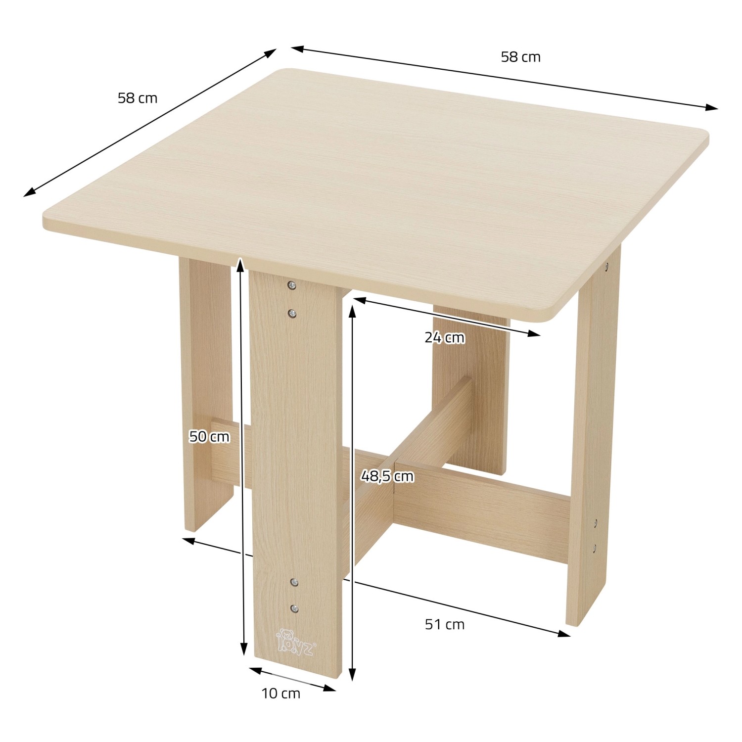 Quadratischer Kindertisch aus Holz, Teil der Joyz Kindersitzgruppe, mit Maßangaben.