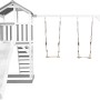 Axi Beach Tower Spielturm mit Doppelschaukel und weißer Rutsche, grau-weißes Holz.