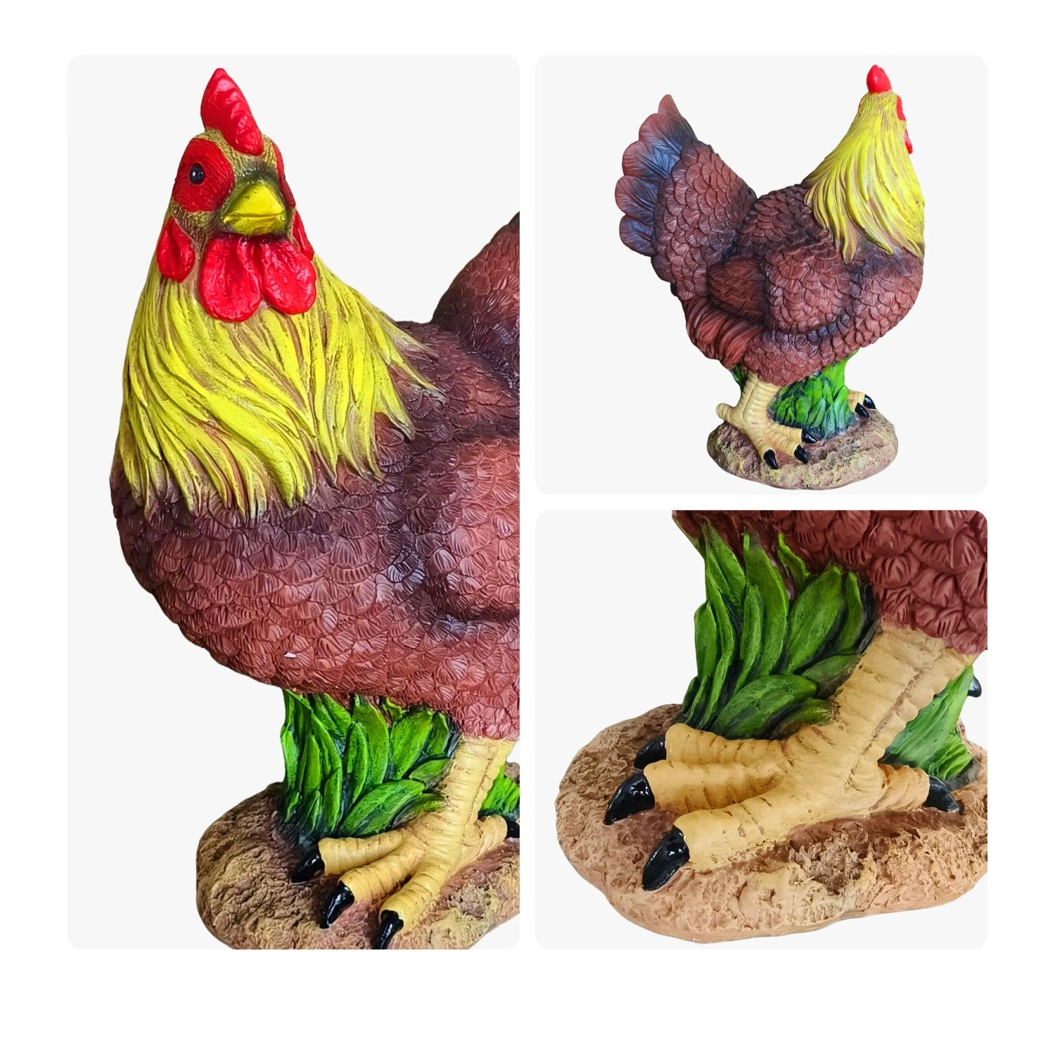 Braune Gartenfigur Hahn aus Polyresin mit gelben Federn, rotem Kamm und Wattle. Ideal für Garten & Terrasse.