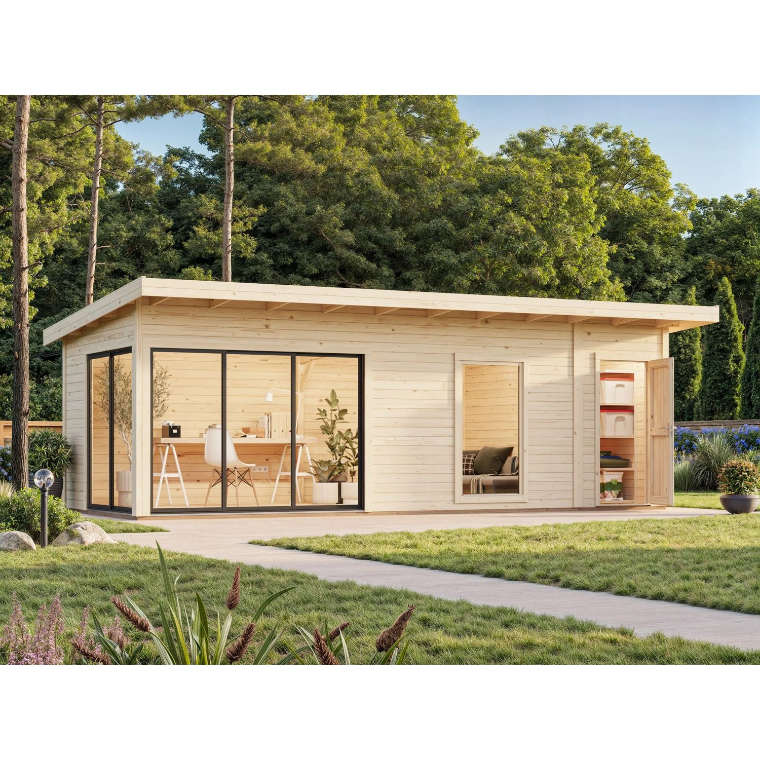 Modernes, hellgraues Palmako Holz-Gartenhaus mit Pultdach und großen Fensterflächen.