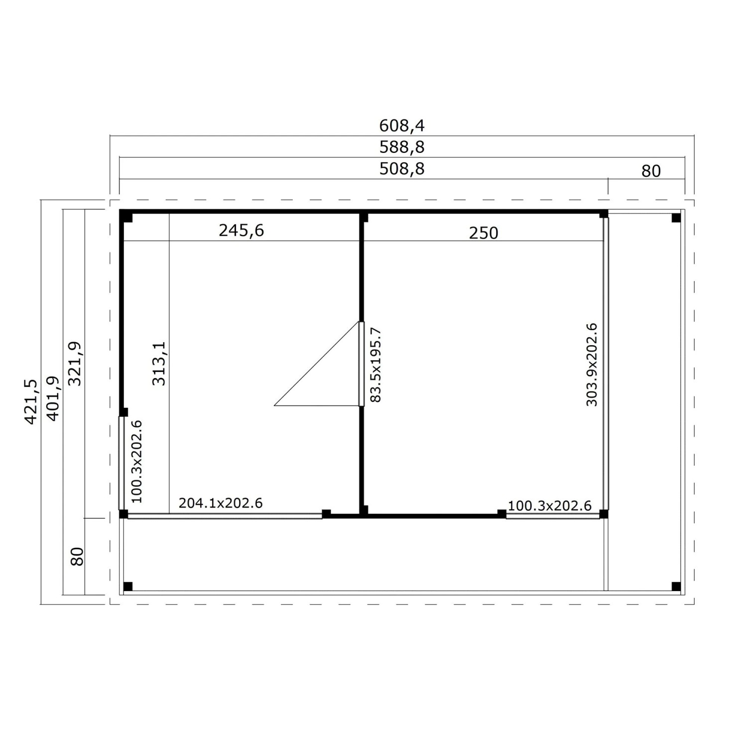 Grundriss Gartenhaus Domeo 3 Loggia, 508,8x321,9cm, Carbongrau. Maße und Aufteilung des Holz-Gartenhauses.