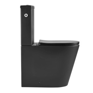 Schwarzes, mattes Stand-Kombi-WC mit Softclose-Sitz und Spülkasten. Spülrandlos, Vario-Abgang.