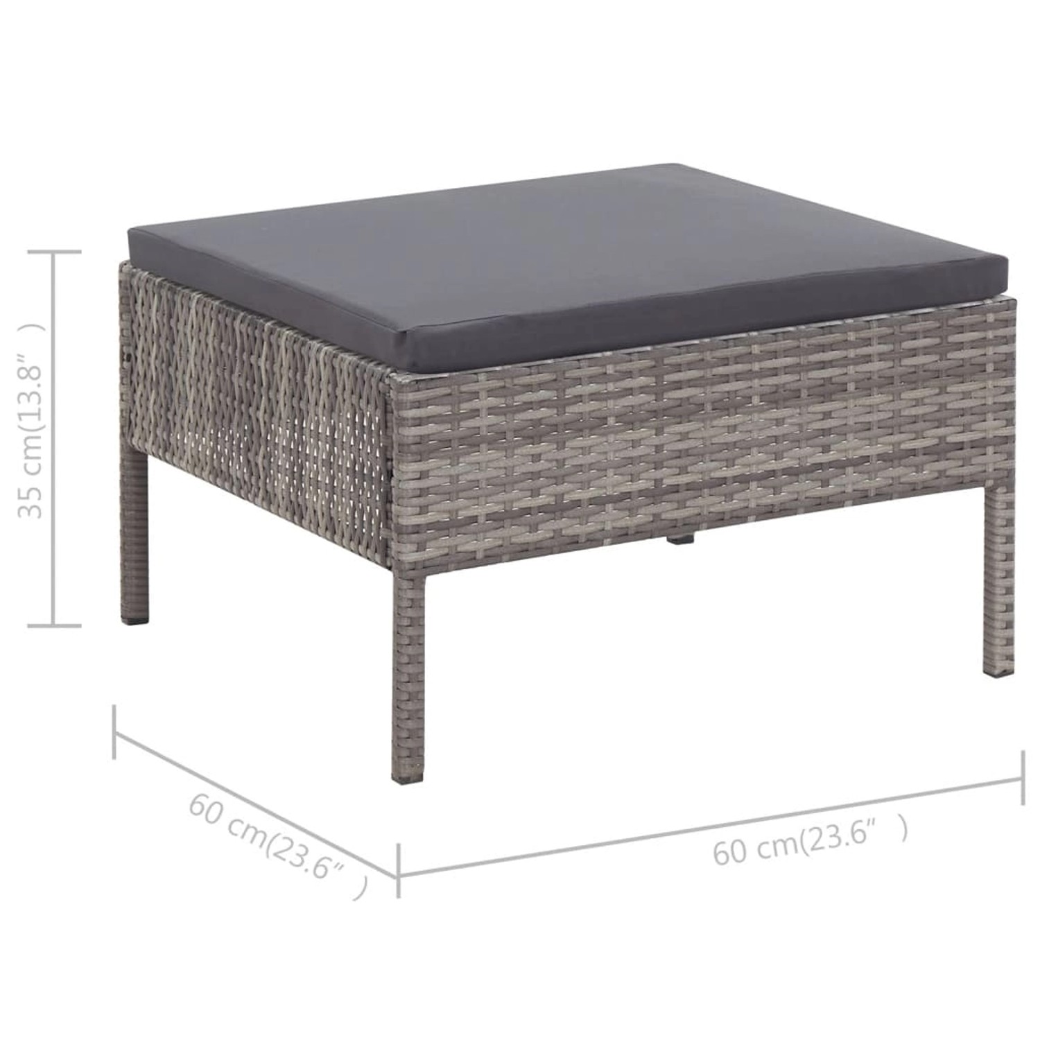 Graue vidaXL Fußstütze aus Rattan mit anthrazitfarbenem Kissen, Teil eines 3-tlg. Garten Lounge Sets.