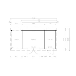 Grundriss des Fjordholz Gartenhauses Modell Gent 28 F, imprägniert und in Grau.