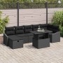 Schwarzes 8-teiliges vidaXL Garten-Sofa-Set aus Poly Rattan mit Tisch und Kissen.