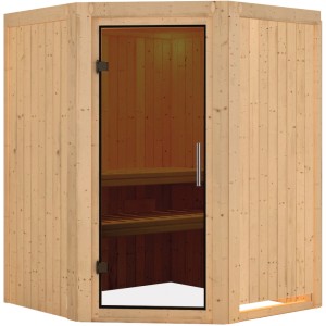 Karibu Sauna Lyra Natur: Elementsauna aus Fichte mit Glastür und zwei Liegen.