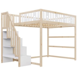 Merax Hochbett 140x200cm aus Massivholz mit weißer Treppe, Stauraum und Sternen-Geländer für Kinderzimmer.