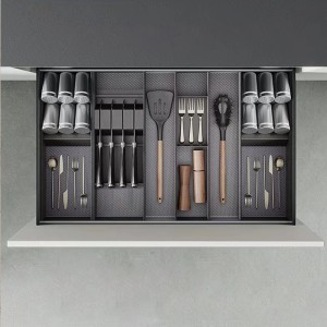 Emuca Orderbox Messereinsatz für Schublade, 150x470mm, Stahl/Holz, anthrazitgrau, mit Messern und Küchenutensilien.