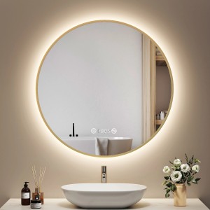 Runder LED Badspiegel, 80 cm, mit Goldrahmen, Antibeschlag, Uhr und Temperaturanzeige.