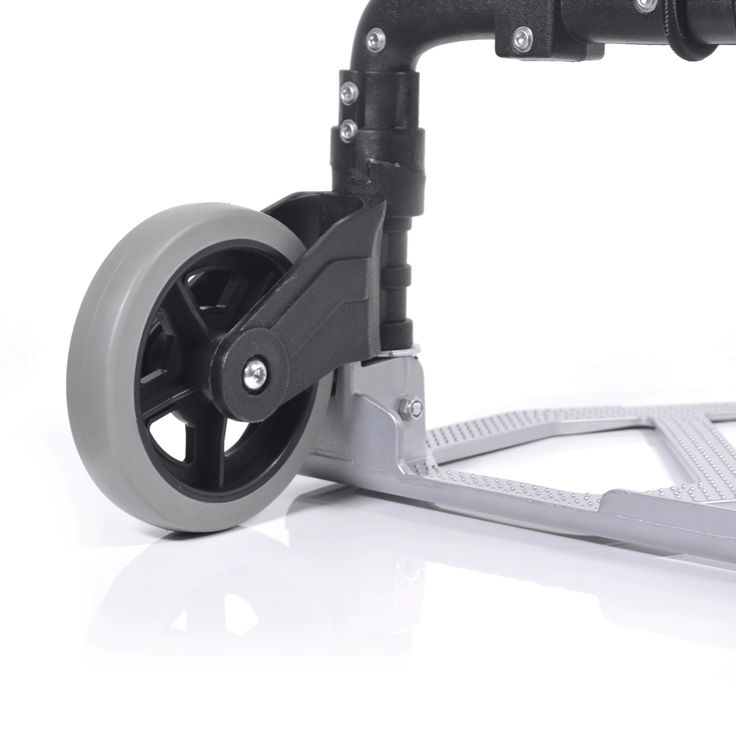 Detailaufnahme: Rad der klappbaren Tronitechnik Sackkarre mit Vollgummireifen.