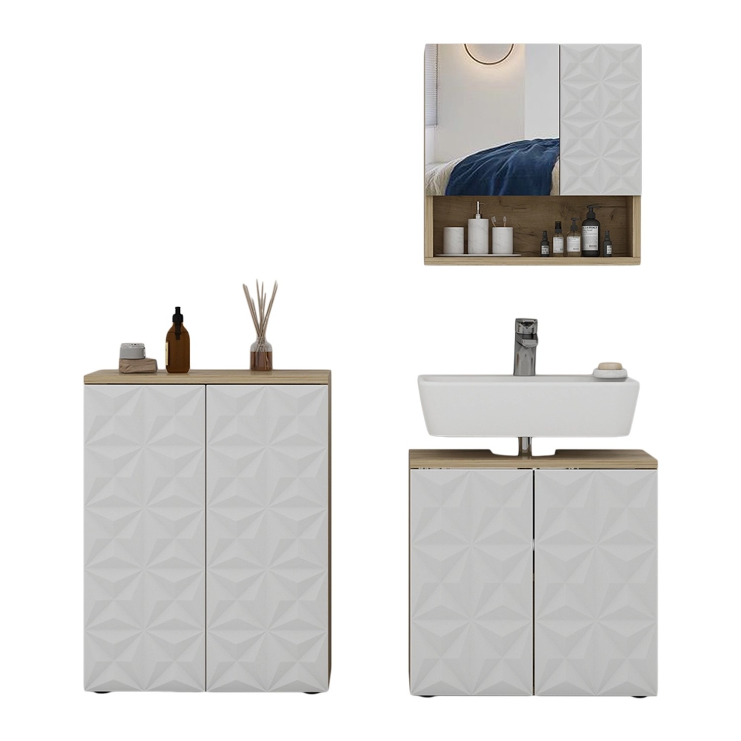 Vicco Badmöbel-Set Edge Weiß/Eiche 3 Teile günstig online kaufen