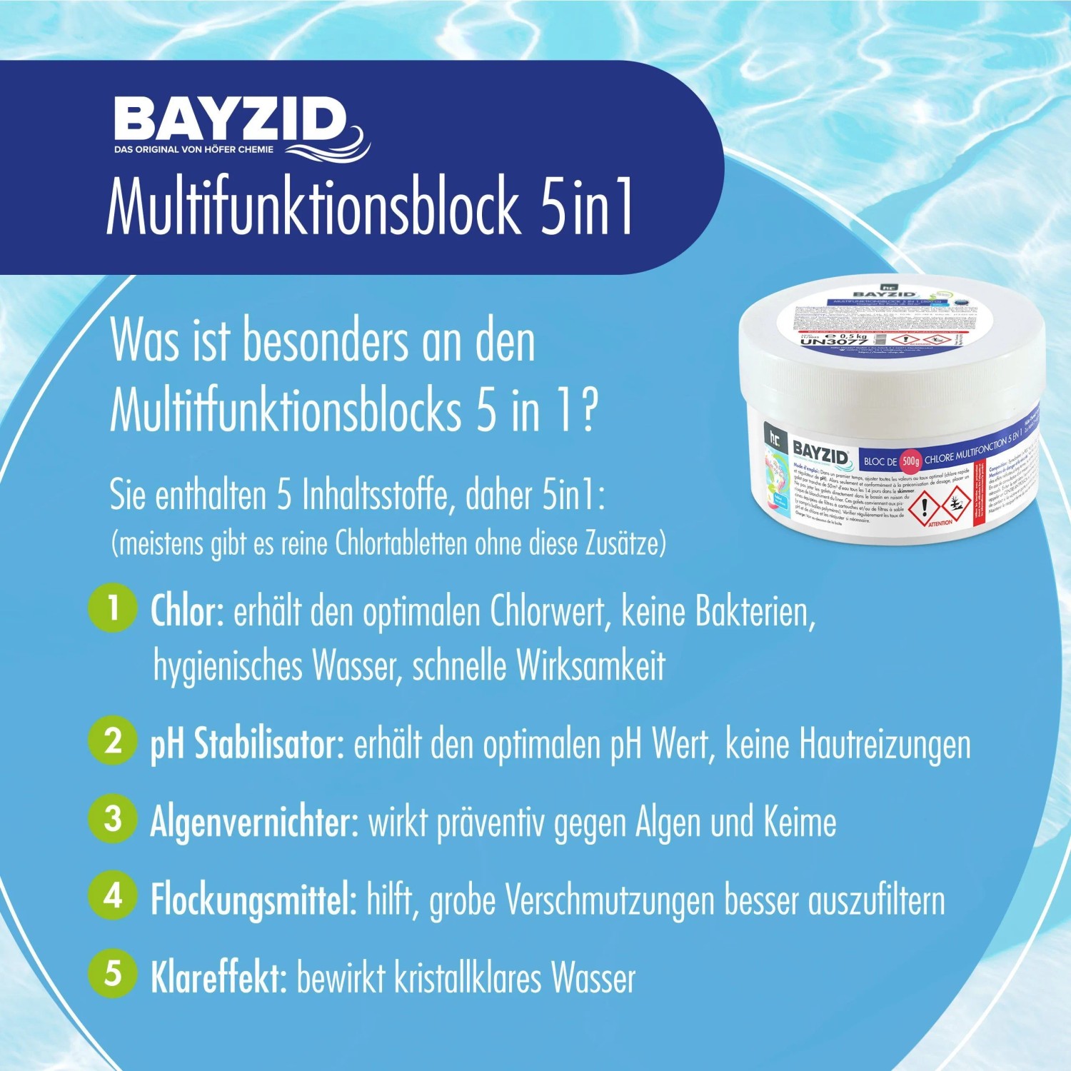 Bayzid Multiblock 5in1 für Pools, 500g. Chlor zur Desinfektion und Pflege von Schwimmbecken.