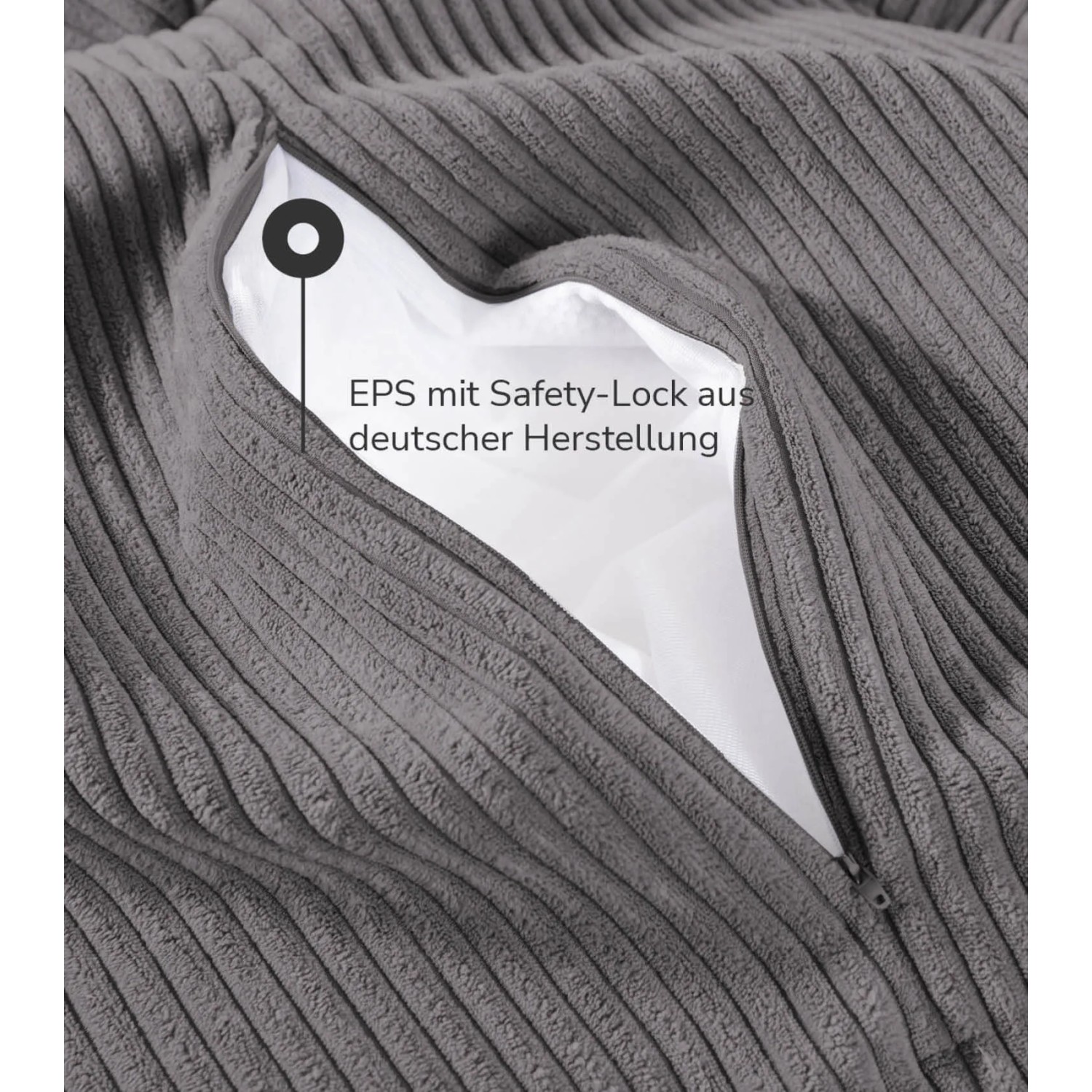 Detailaufnahme: Anthrazitfarbener Cord-Hocker mit Reißverschluss und EPS-Füllung mit Safety-Lock.