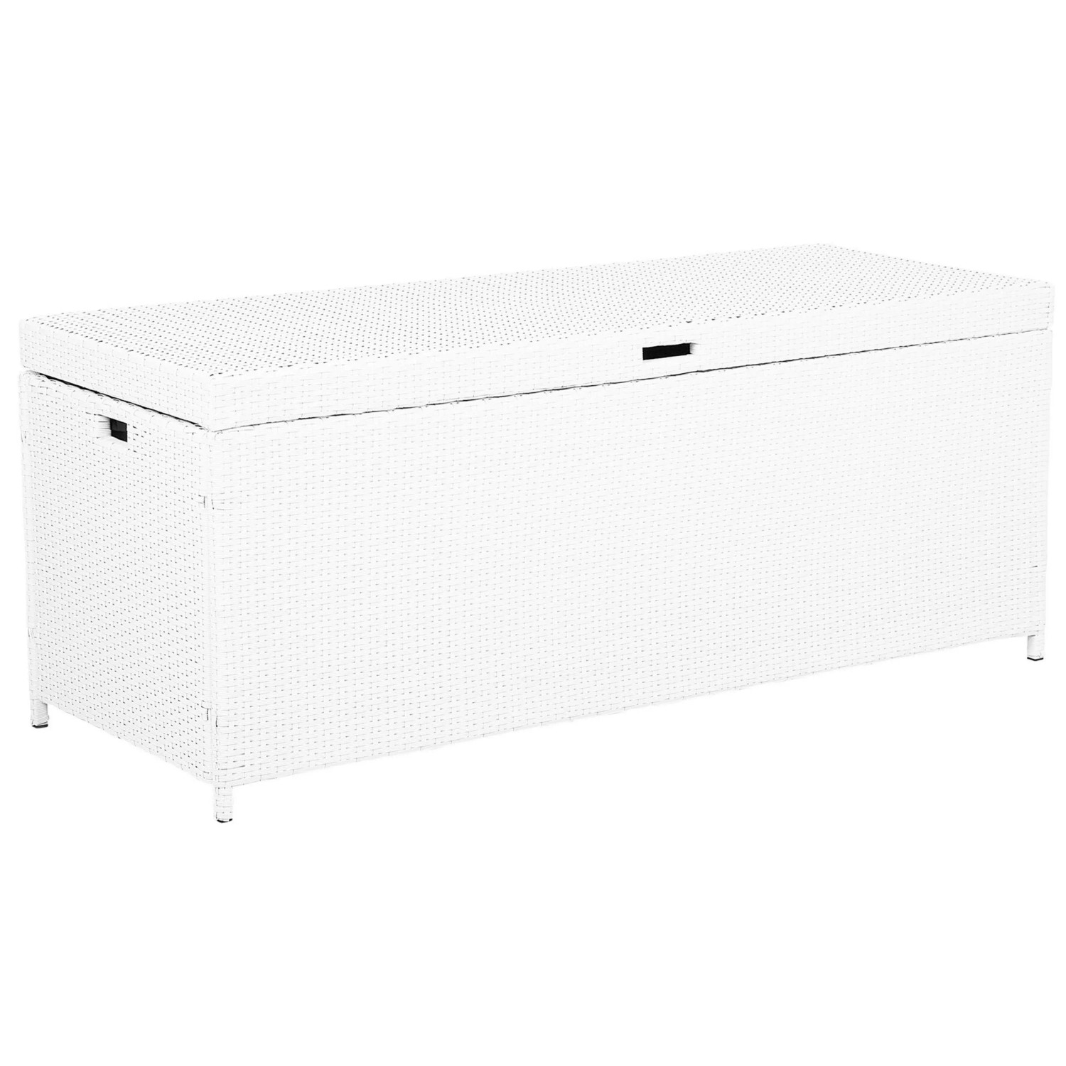 Weisse Beliani Auflagenbox MODENA aus Polyrattan, 63x158x66 cm, mit Tragegriffen.