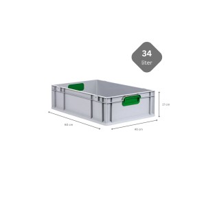 Graue PROREGAL Eurobox mit grünem Griff, 17x40x60 cm, als Sparset mit Deckel und Schnappverschlüssen.