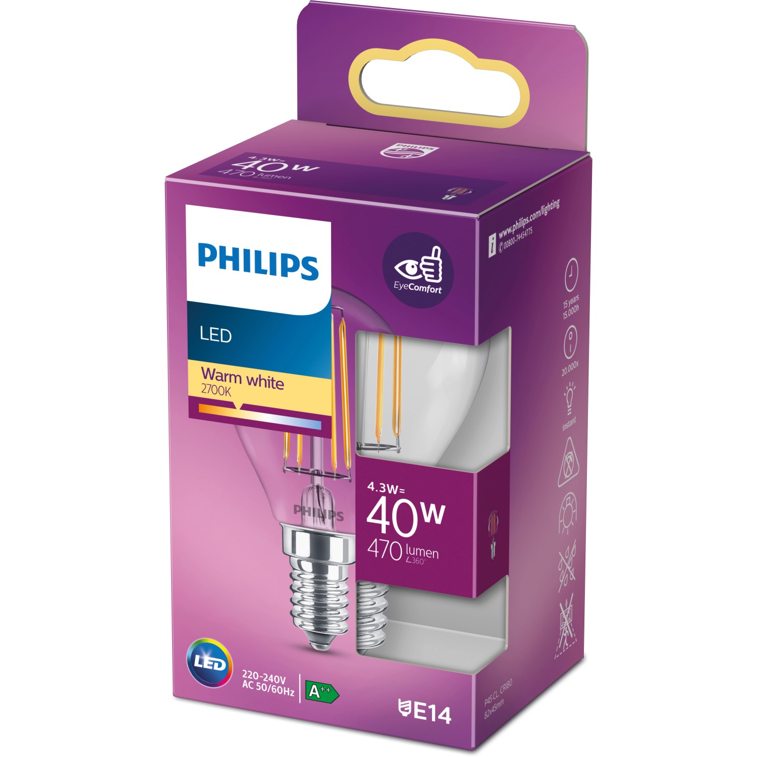 Philips LED-Lampe E14 Tropfenform, 4,3W, 470lm, warmweiß, in Verpackung.
