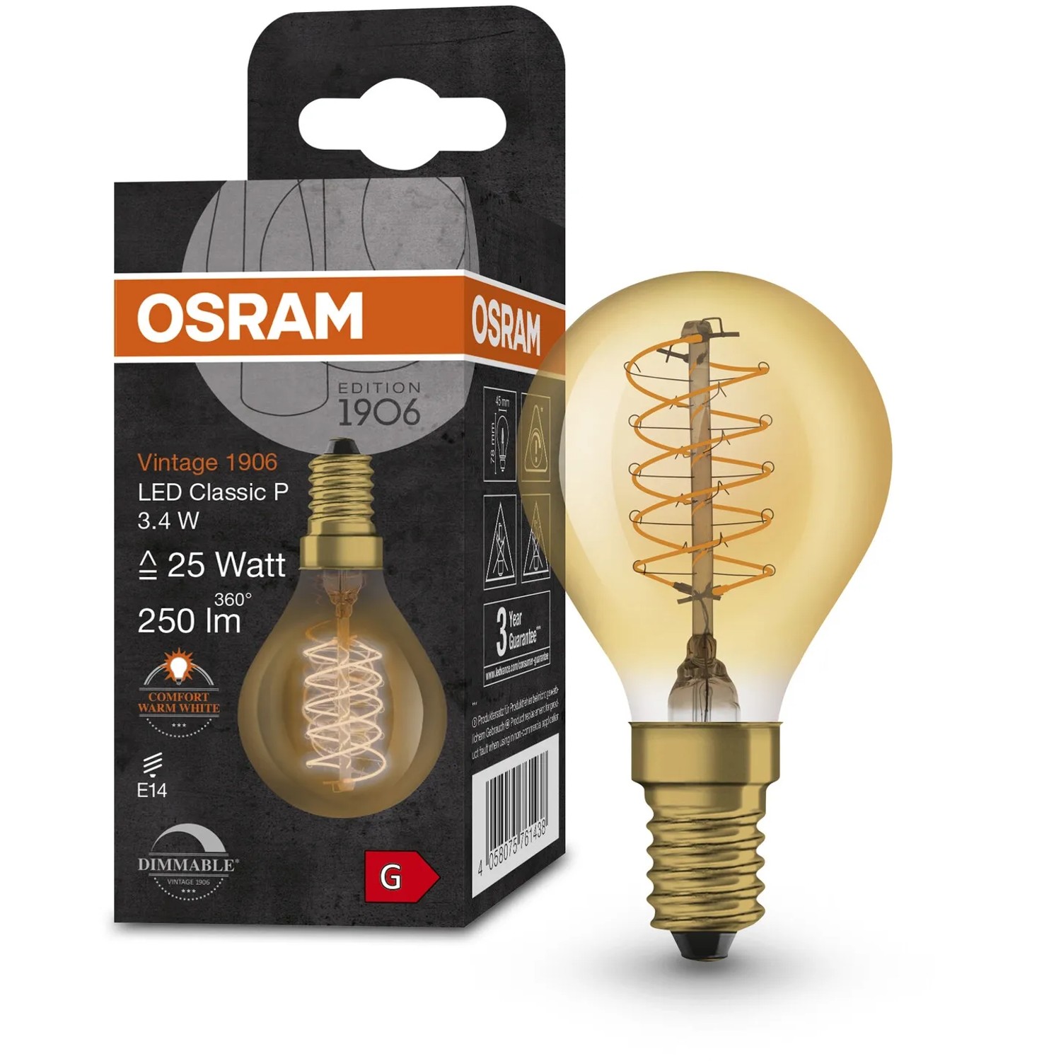 Osram LED-Leuchtmittel E14 Tropfenform, 3,4W, warmweiß, mit sichtbarem Glühfaden und Produktverpackung.
