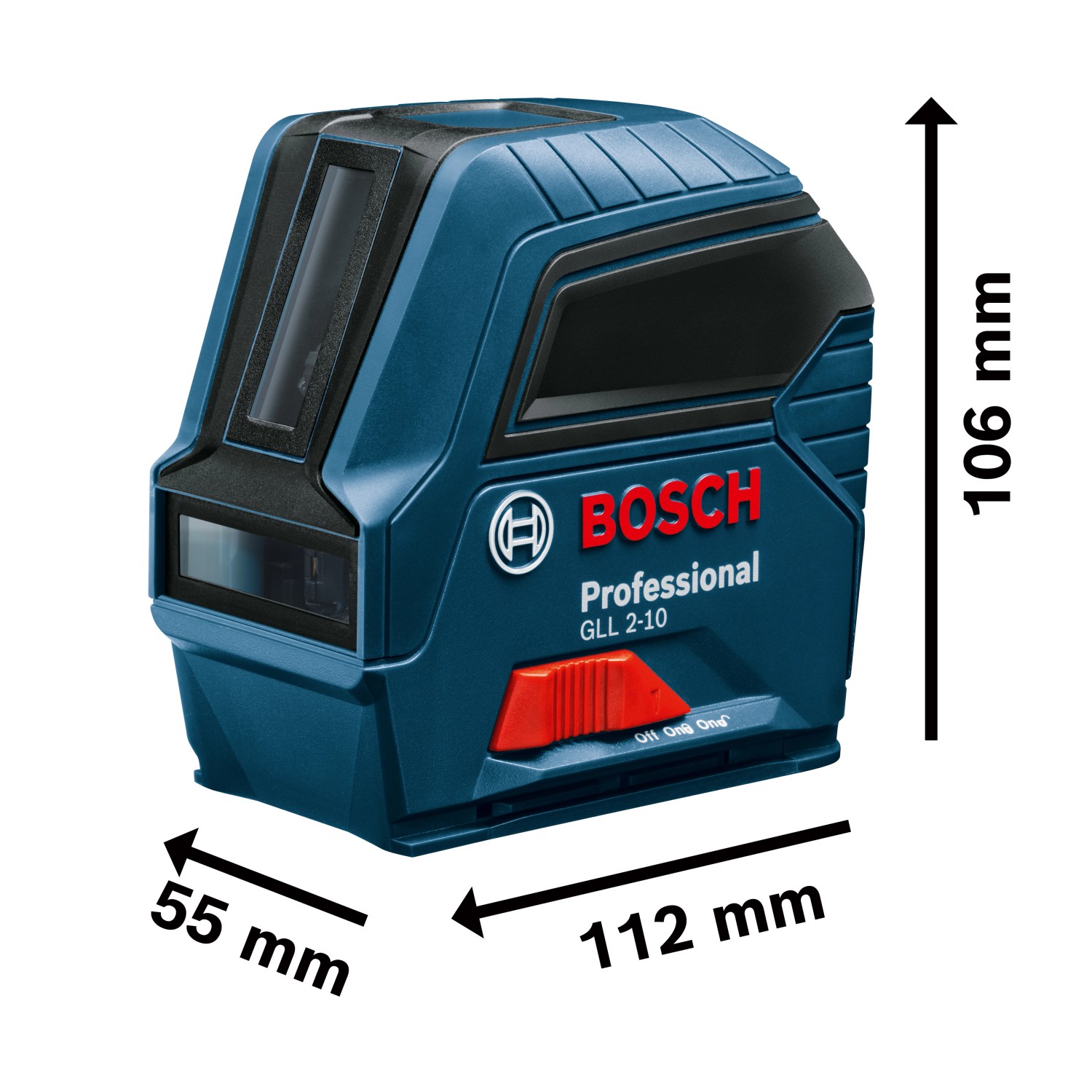 Bosch Professional GLL 2-10 Kreuzlinienlaser mit Maßangaben.