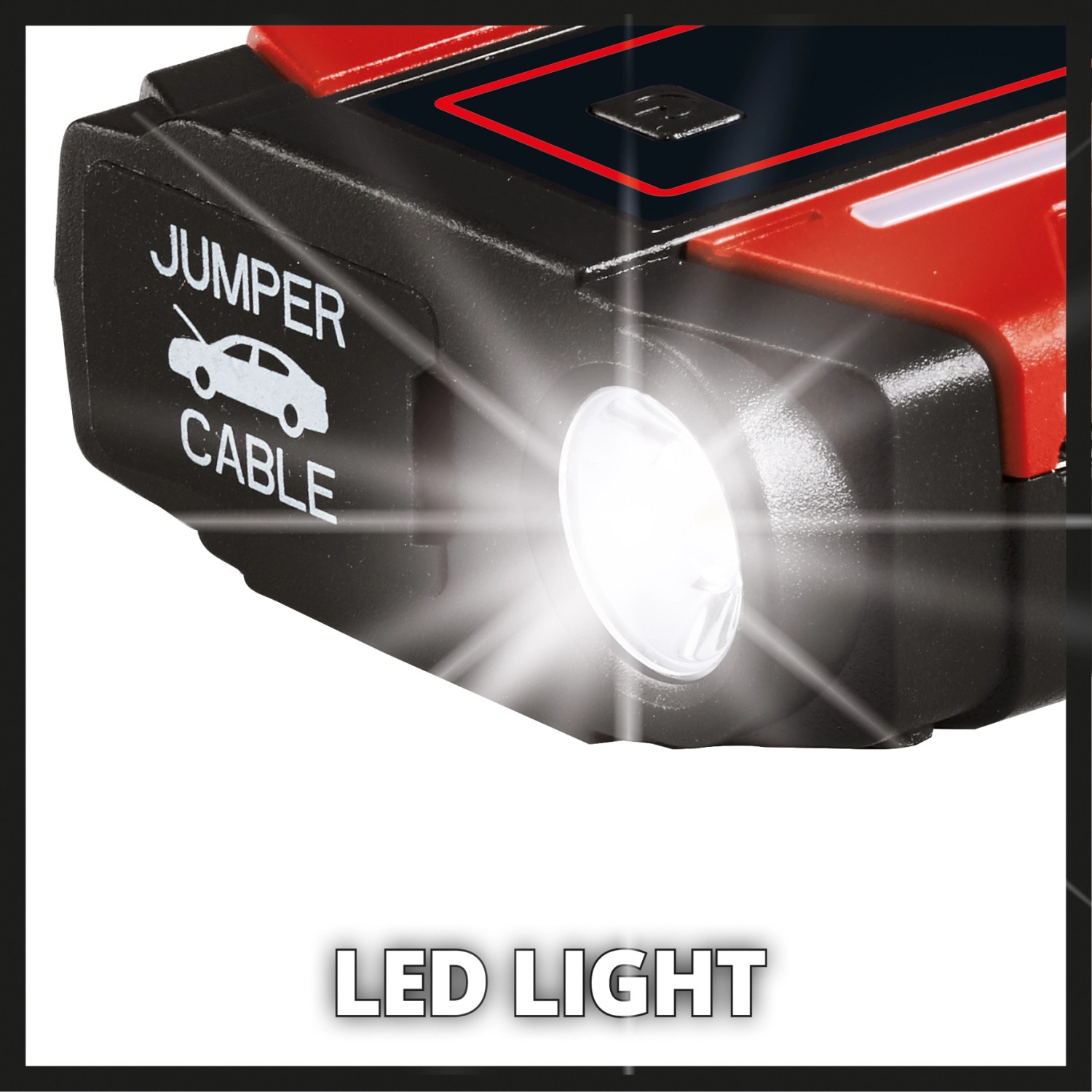 Einhell Power Bank CE-JS 8: Detailaufnahme der LED-Arbeitsleuchte mit Starthilfe-Symbol.