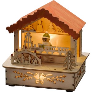 Konstsmide LED Holzsilhouette Marktstand mit orangem Dach, warmweiß beleuchtet.