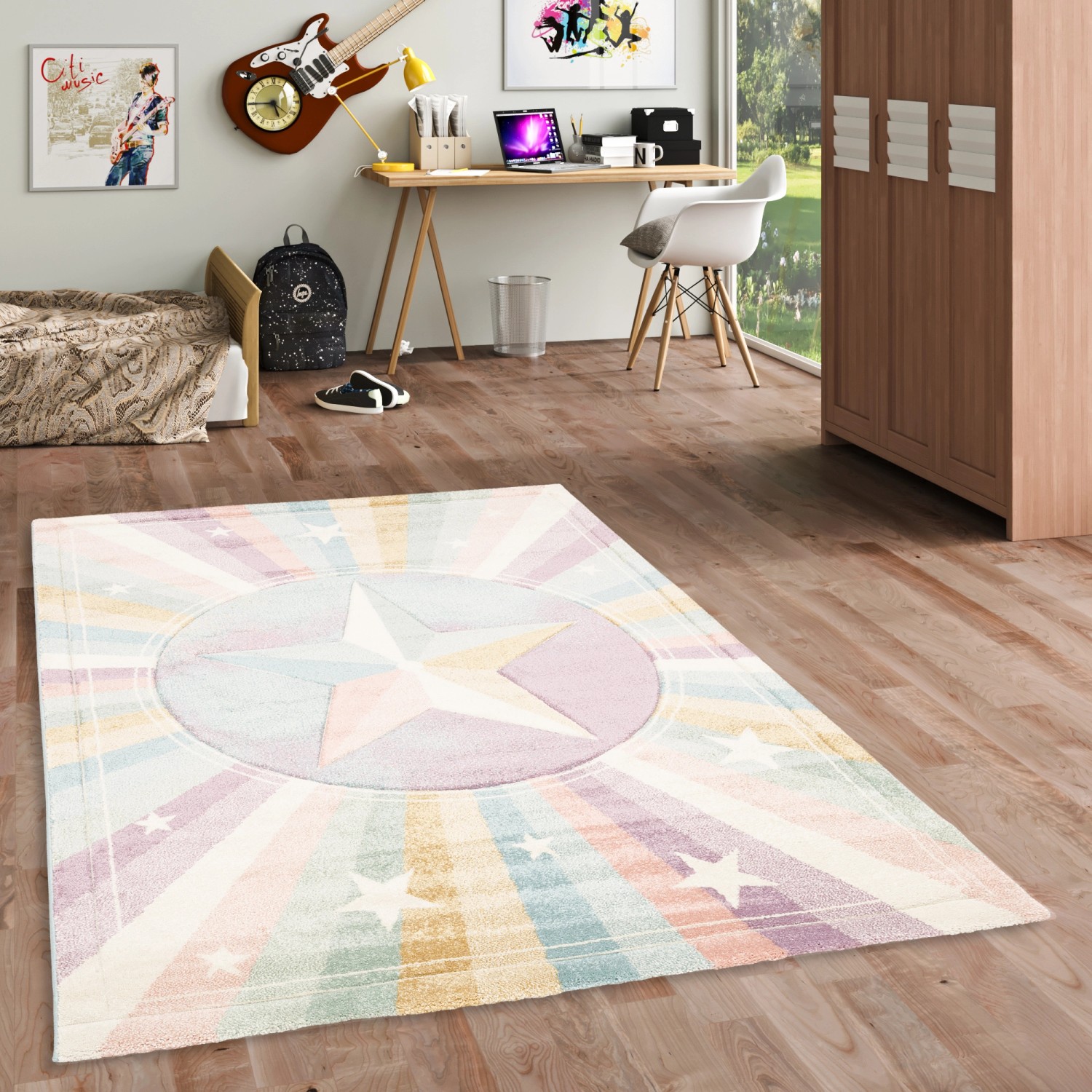 Bunter Kinderteppich mit Sternenmotiv, Pergamon Maui Kids Rainbow Star, 80x150 cm.