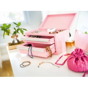 Pinke Mini Toolbox mit 2 Schubladen und Deckel zur Aufbewahrung von Kleinteilen.