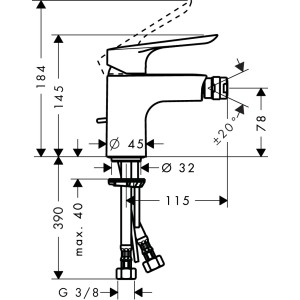 Technische Zeichnung Hansgrohe Logis E Bidetarmatur Chrom mit Maßen und Anschlüssen.