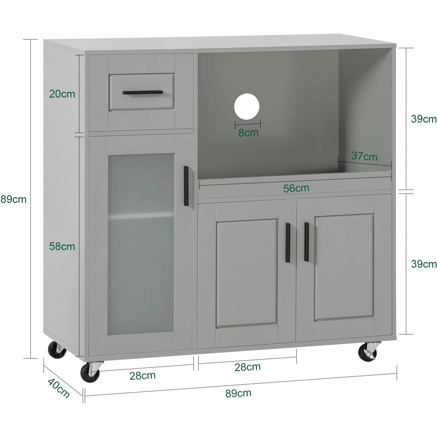 SoBuy Sideboard FSB78-HG: Küchenwagen mit Rollen, Mikrowellenschrank, Rollcontainer in Grau.