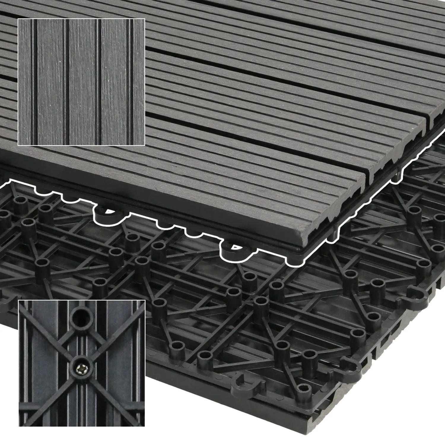 WPC Terrassenfliesen 30x30 cm, 55er Set in Anthrazit mit Klicksystem und Holzoptik.