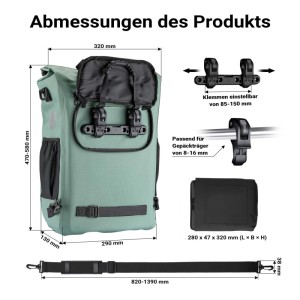 Grüne Wiltec 20L Fahrradtasche/Rucksack mit Maßen, Befestigung für Gepäckträger und Laptopfach.