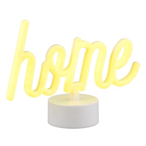 Weiße LED-Tischleuchte Casa mit gelbem "Home" Schriftzug für gemütliches Ambiente.