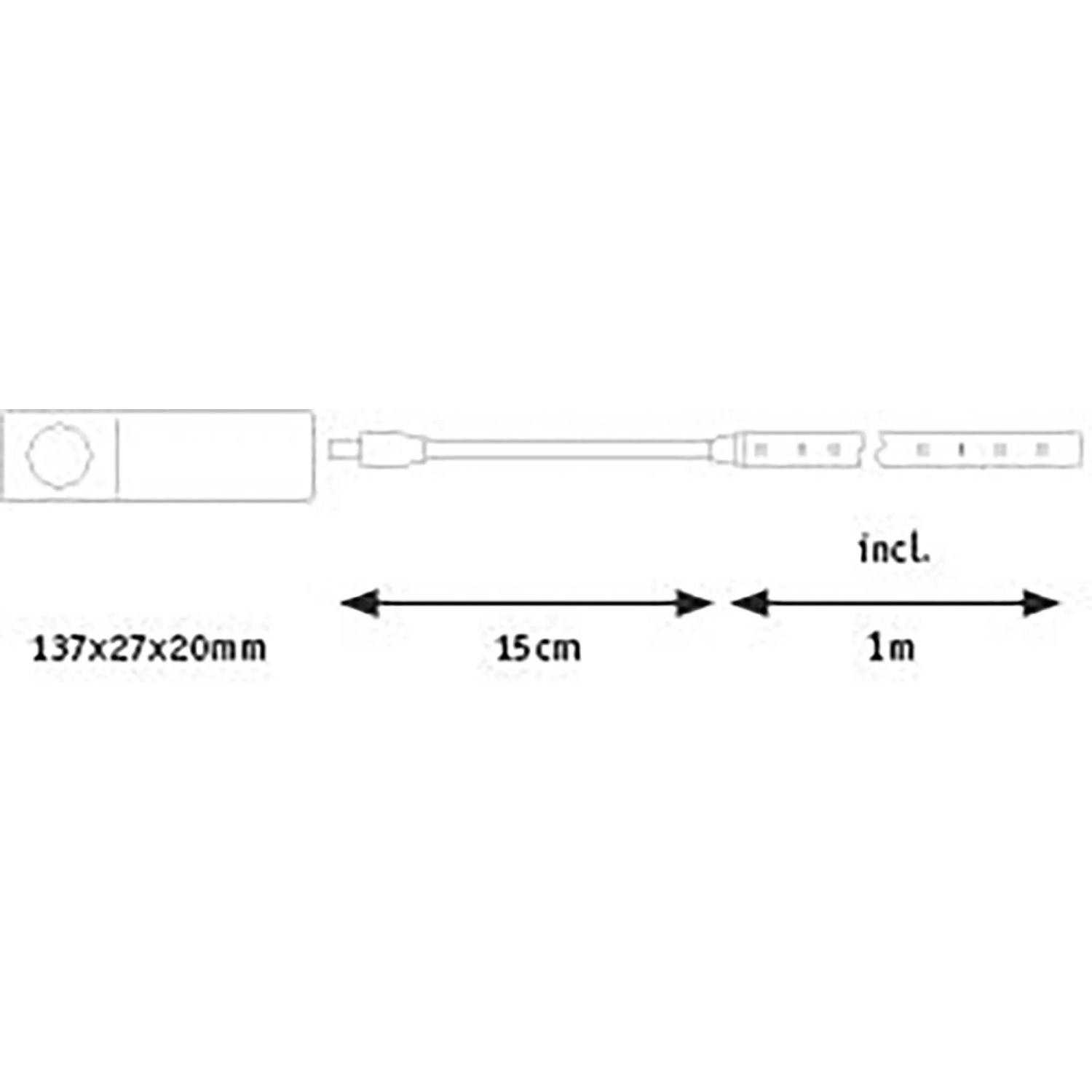 Paulmann LED-Strip 1m, batteriebetrieben. Zeigt Batteriefach (137x27x20mm) und 15cm Verbindungskabel.