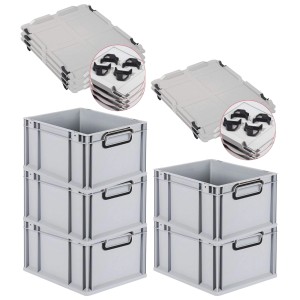PROREGAL SparSet 5x Eurobox Nextgen Color Mit Auflagedeckel HxBxT 22x30x40cm 20 Liter Grau Griffe Schwarz Geschlossen Eurobehälter Transportbox