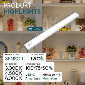 LUXULA LED Unterbauleuchte, 60cm, silber, mit Akku, dimmbar, magnetisch befestigt unter einem Schrank.