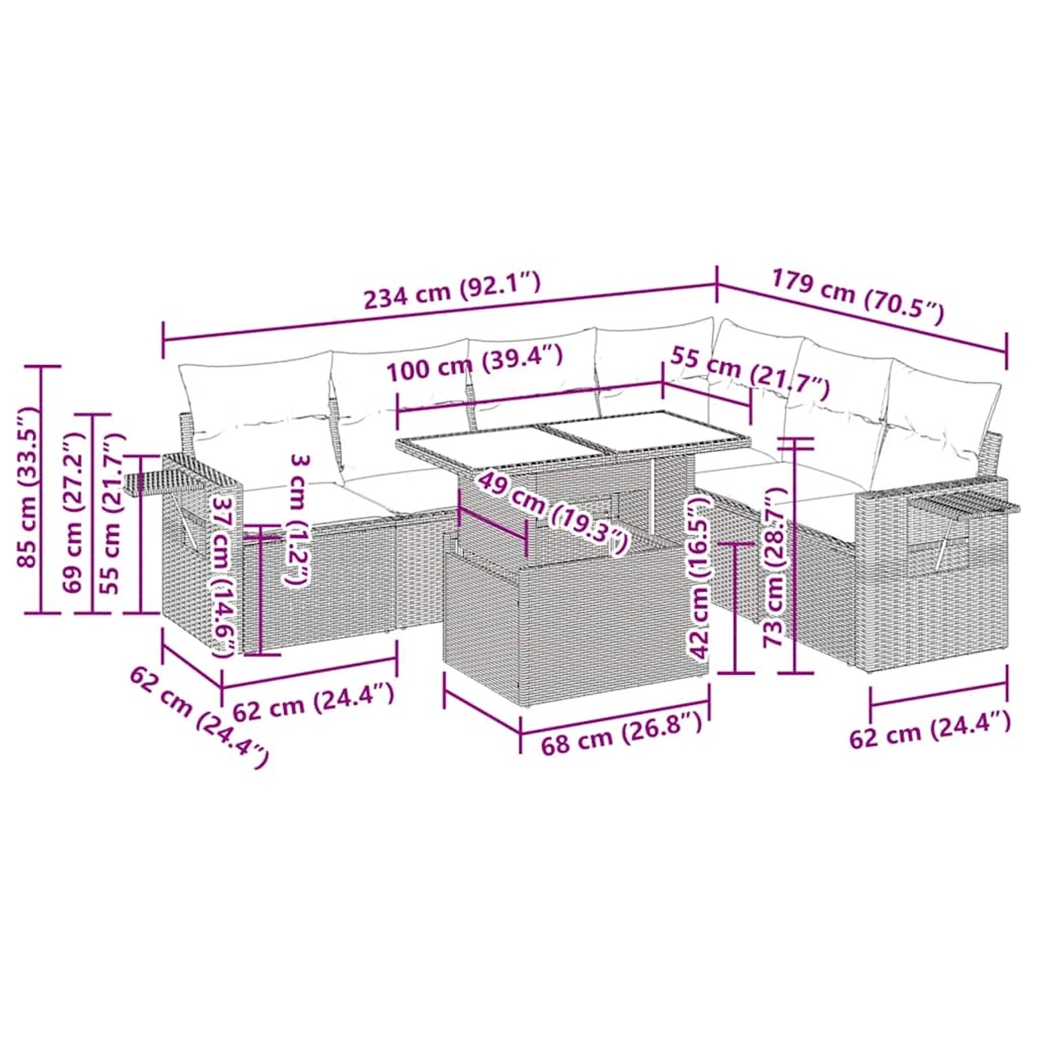 vidaXL 7-tlg. Garten-Sofagarnitur mit Kissen, schwarzes Poly Rattan, Maße siehe Detailzeichnung.