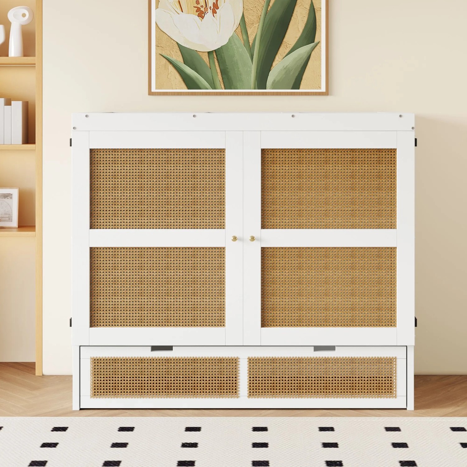 Weißes Merax Schrankbett 140x200cm mit Rattan-Türen und Schubladen. Modernes Wandbett mit Stauraum.