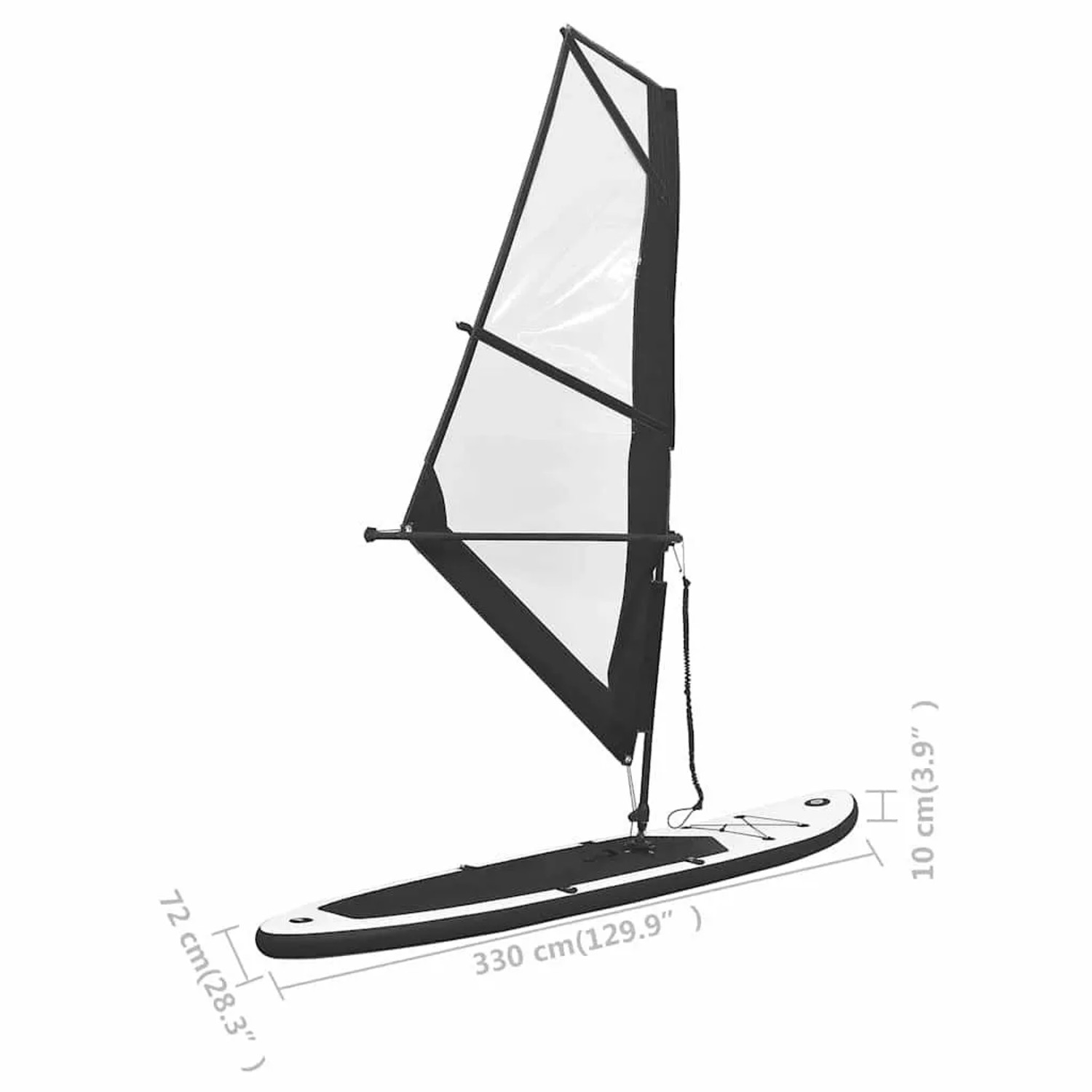 Aufblasbares SUP-Board mit Segel, schwarz-weiß, für Wassersport.