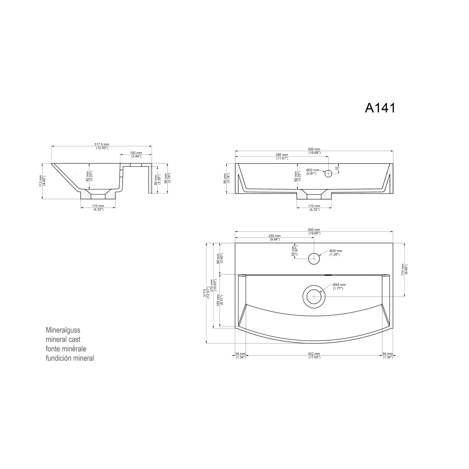 Technische Zeichnung: Posseik Cubi Slimline Waschtisch für Gäste-WC, Maße und Details.