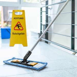 Gelber klappbarer Warnaufsteller "Achtung Rutschgefahr" aus Kunststoff auf nassem Boden neben Wischmopp.