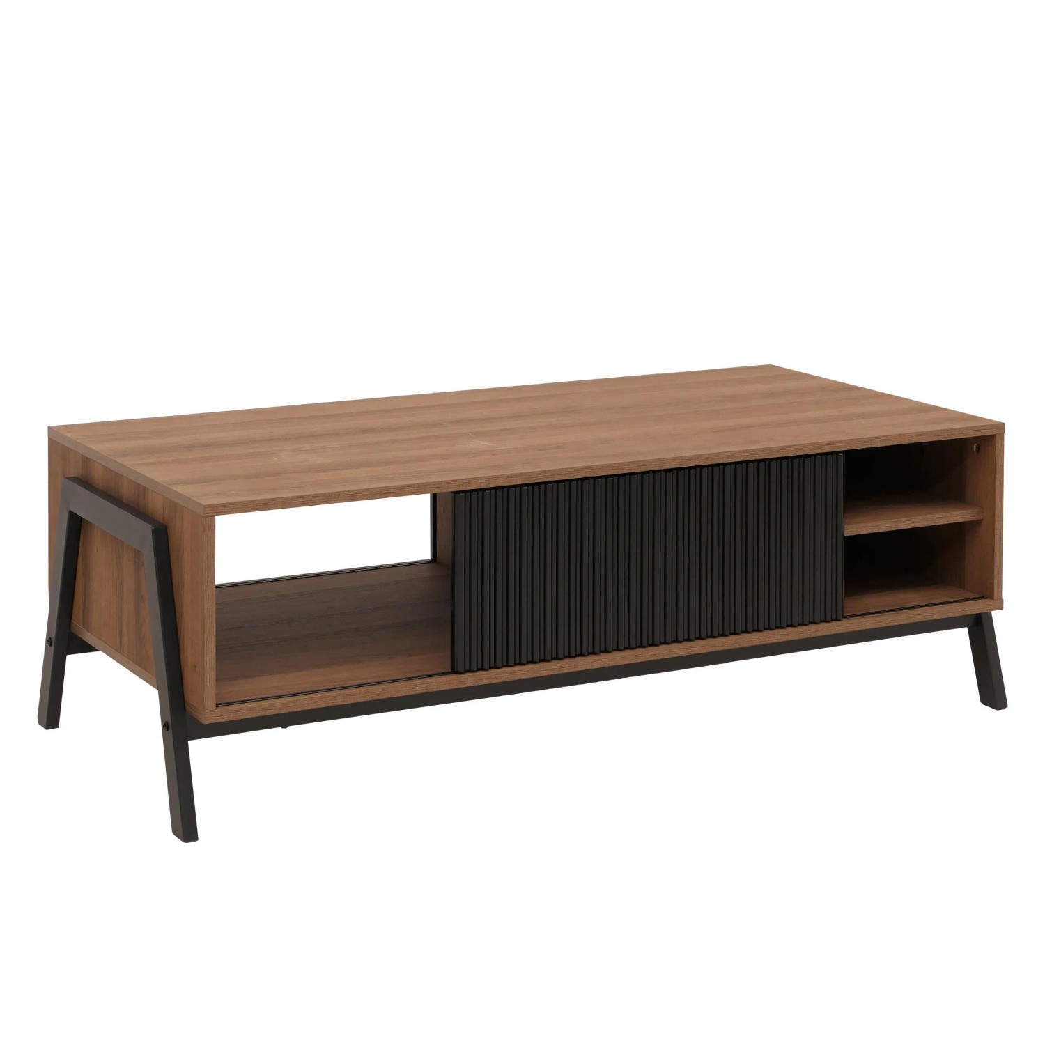 MCW Couchtisch O40 Staufächer Schiebetür MDF Metall Melamin 42x120x60cm Natur