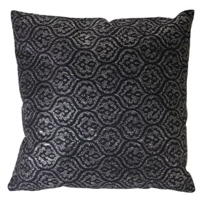 Schwarzes Deko-Kissen 45x45cm mit glänzendem, silbernem Barockmuster. Ideal für Sofa und Gartenstuhl.