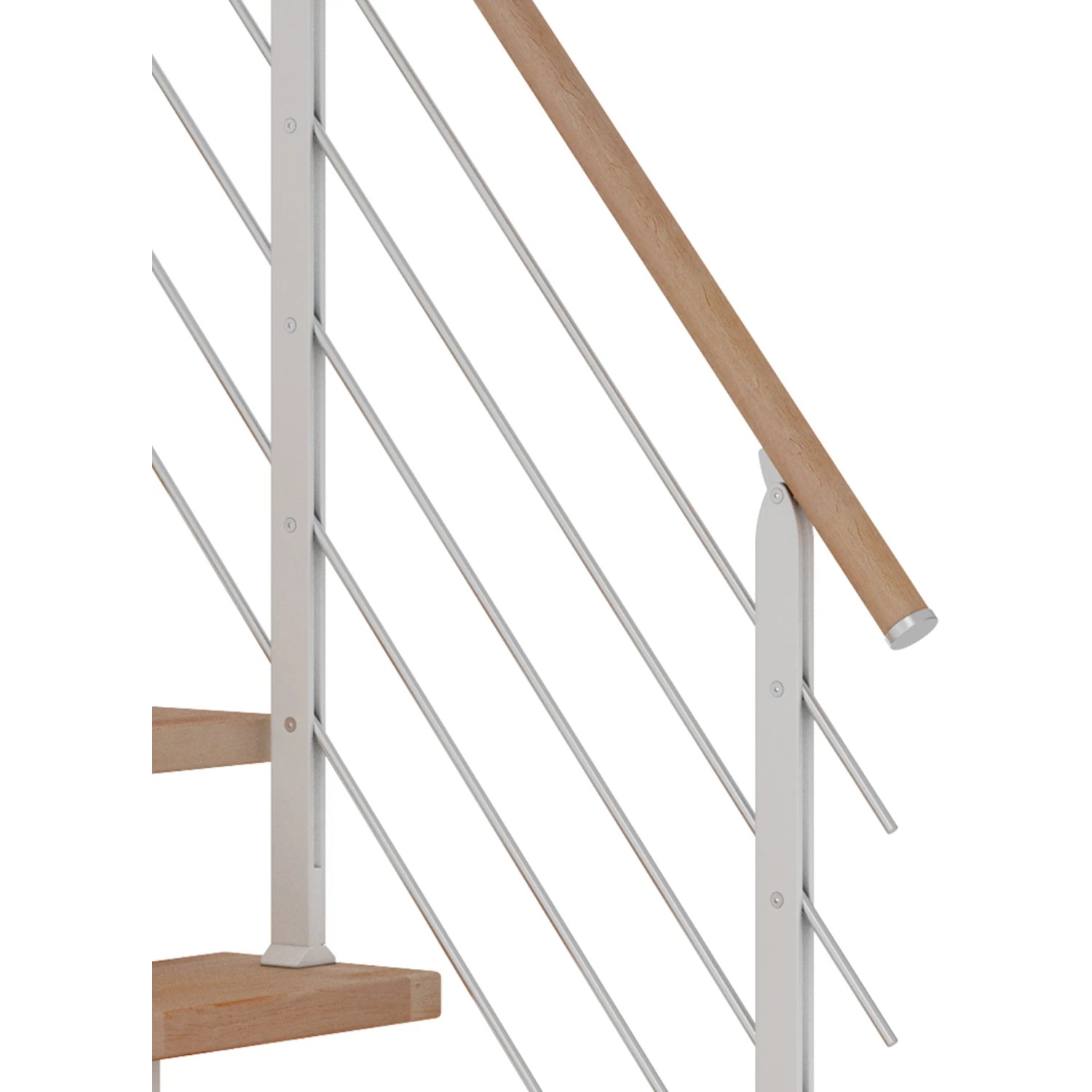 Detailansicht: Dolle Mittelholmtreppe Frankfurt Buche, weiße Holme, Edelstahlgeländer.