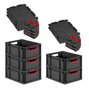 PROREGAL SuperSparSet: 5 Euroboxen Nextgen Color mit Scharnierdeckel, schwarz mit roten Griffen.