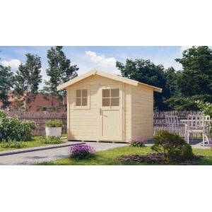 Naturbelassenes Holz-Gartenhaus 123 mit Satteldach, 28 mm Wandstärke.