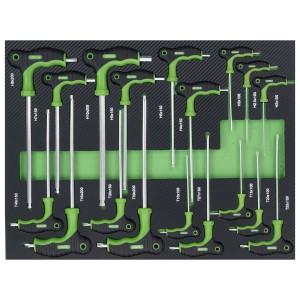 TRUTZHOLM Werkstattwagen Einlage mit Torx T-Griff und Inbusschlüsseln, 18-teilig, in grüner Schaumstoffeinlage.