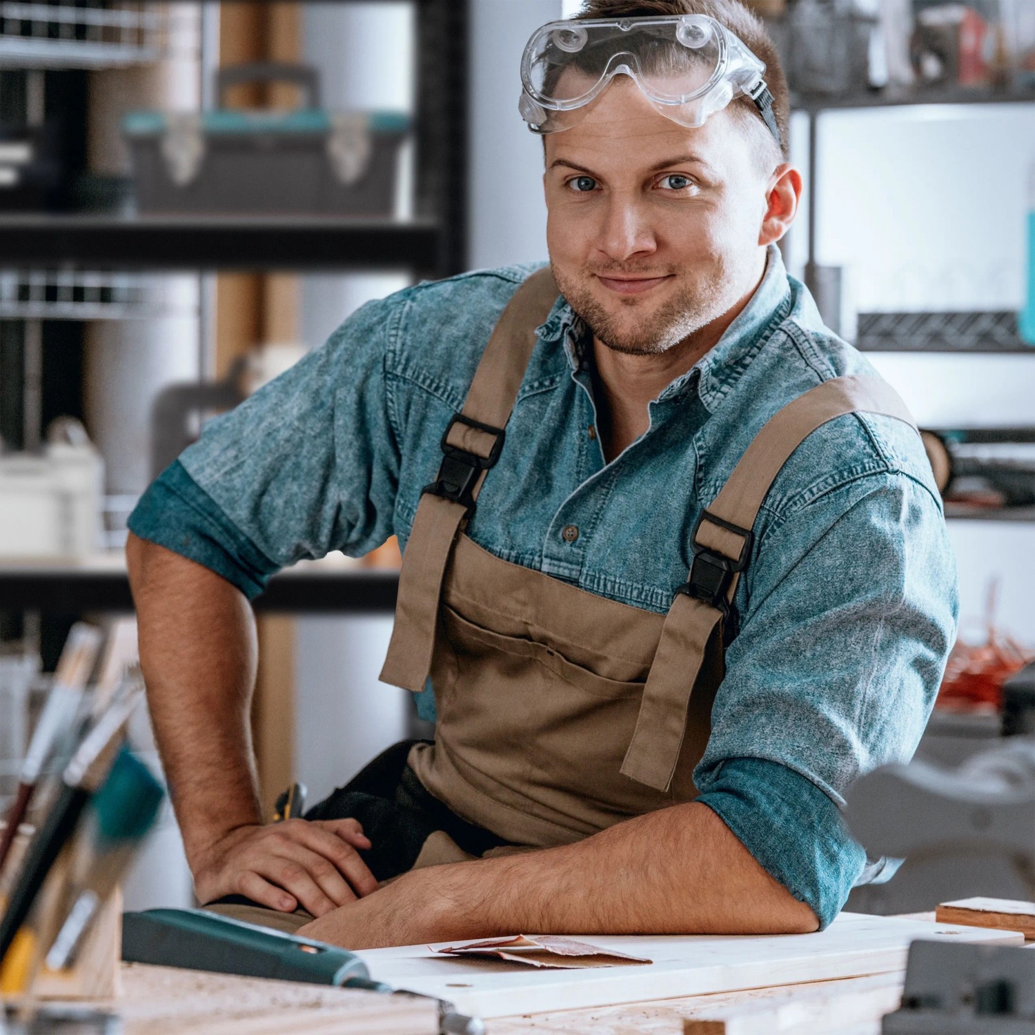 Mann in Werkstatt mit Schutzbrille, lehnt an Werkbank. Schwarzes Relaxdays Schwerlastregal aus Stahl/MDF im Hintergrund.