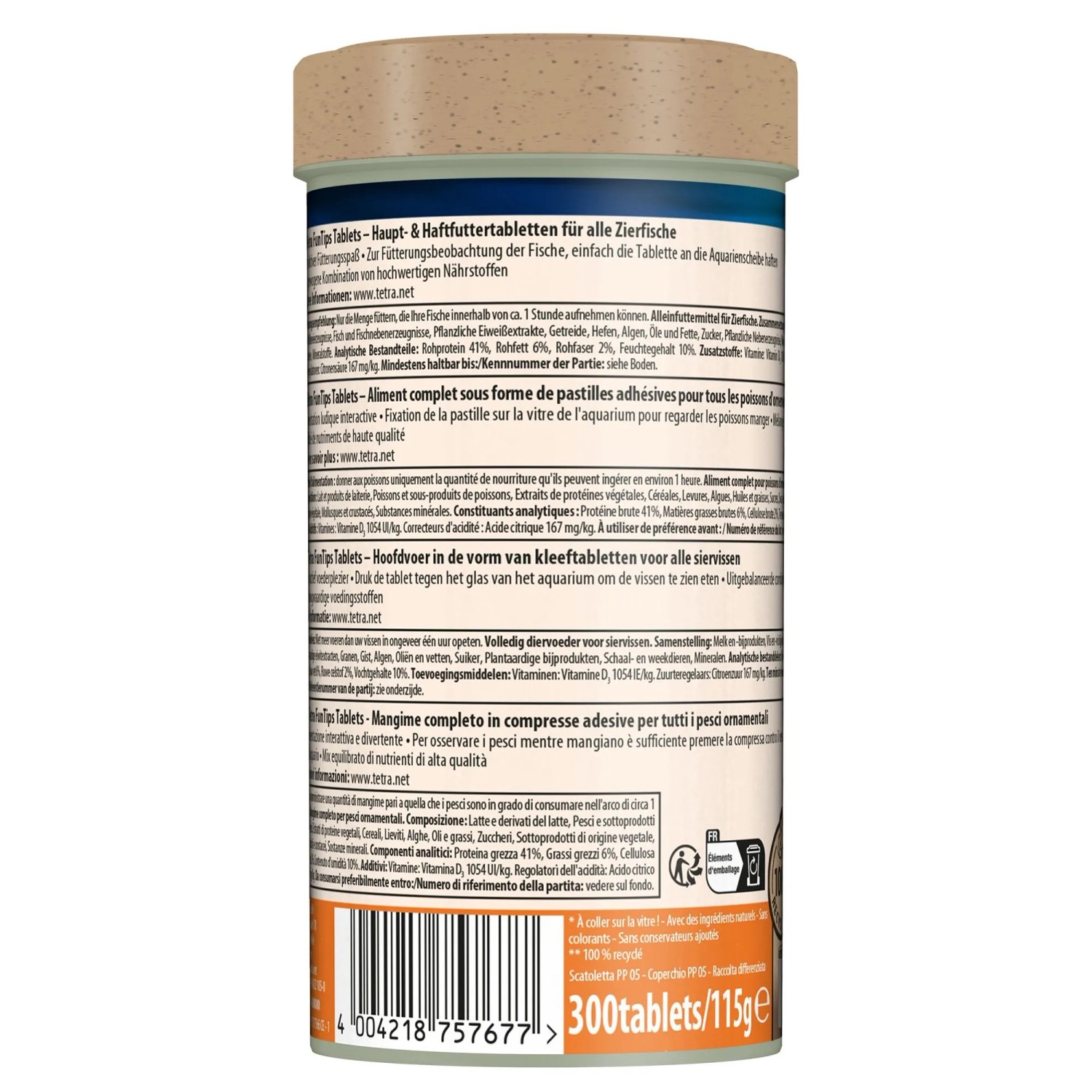 Tetra Tablets Tips Fischfutter-Dose, Rückseite mit mehrsprachiger Produktinfo. Haft-Futtertabletten für Zierfische.