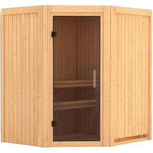Karibu Sauna Tjorven Natur: Massivholzsauna mit Eckeinstieg und Graphit-Ganzglastür.